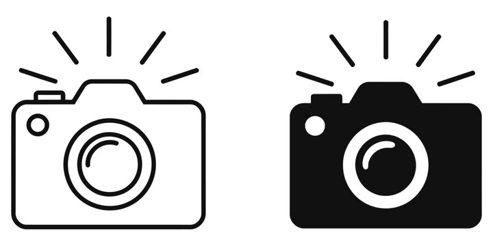 Photo camera icon set showing digital photography symbols, camera illustrations, image capture graphics, multimedia interface elements