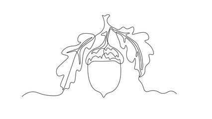Continuous line drawing of an acorn surrounded by oak leaves, minimalist botanical illustration, autumn forest concept, natural symbol art design © YuliaBulgakova