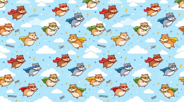 Cute Superhero Hamsters Flying in Blue Sky Seamless Pattern