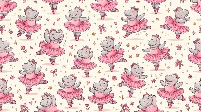 Cute ballerina hippo seamless pattern with pink tutus and stars