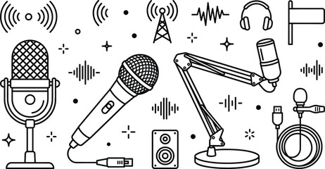 Podcast studio microphones audio equipment radio antenna and sound waves linear vector icon set for broadcasting recording designs © MdShakib