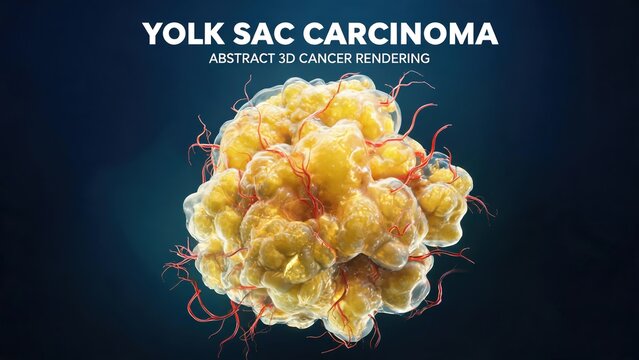 Abstract 3D Biomedical Render of Yolk Sac Carcinoma Malignant Tumor Mass, Yellow Lobulated Neoplasm with Branching Red Blood Vessels Dark Teal Gradient Medical Background Oncology Scientific Illustrat