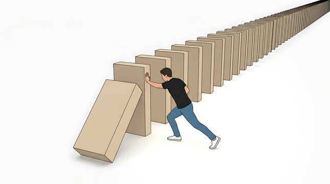 Person pushing the first domino in a long row causing a chain reaction on white background