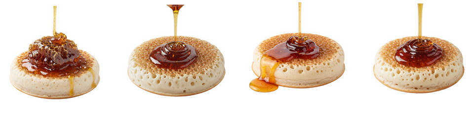 Fototapeta premium Honey pouring over fresh crumpets and honeycomb on black background