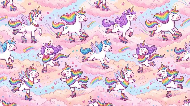 Cute Seamless Pattern of Happy Unicorns Roller Skating on Clouds