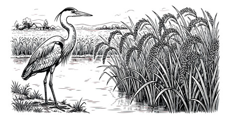 Fototapeta premium Vintage heron bird in rice field landscape, hand drawn etching of crane standing by water, retro agricultural scenery with paddy plants