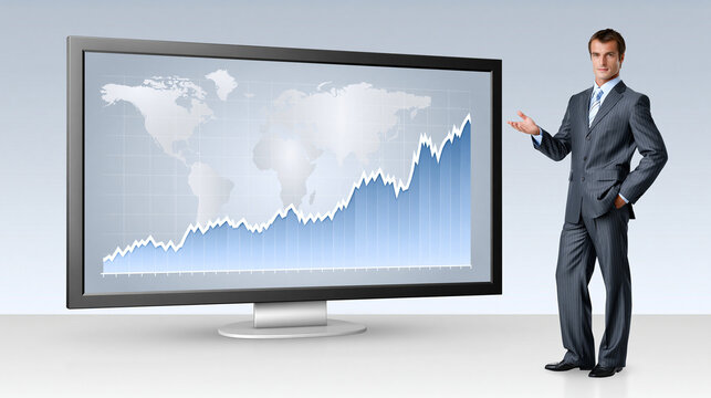 A financial advisor presents the benefits of international market investments using a world map and stock market data on a large screen. The background includes ample copy space for additional