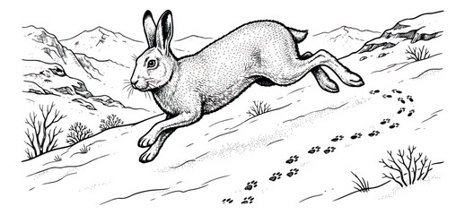 Vintage woodcut rabbit jumping in mountain landscape, hand drawn hare running through snow with paw prints, black and white wildlife vector illustration © sajida