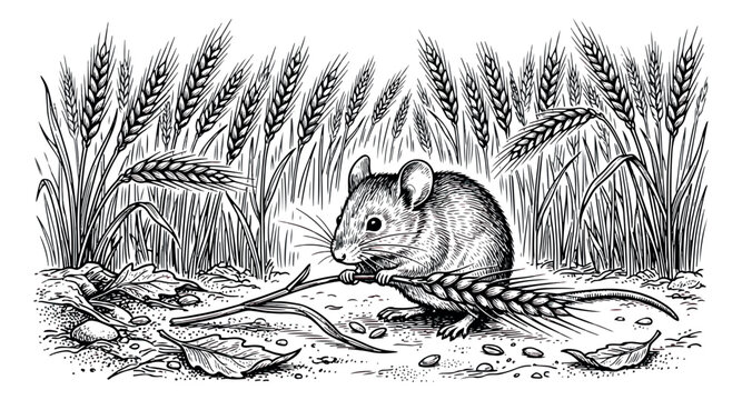 Vintage woodcut field mouse illustration, hand drawn rodent in wheat field vector, antique style harvest mouse engraving for rustic packaging