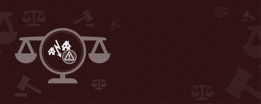 This illustration provides ample copy space alongside a symbol of a scales of justice and a housing warning icon, representing legal disputes, property laws, and real estate risks.