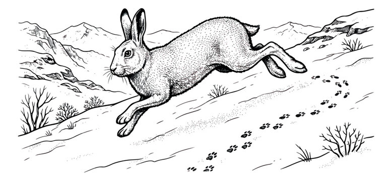 Vintage woodcut rabbit jumping in mountain landscape, hand drawn hare running through snow with paw prints, black and white wildlife vector illustration
