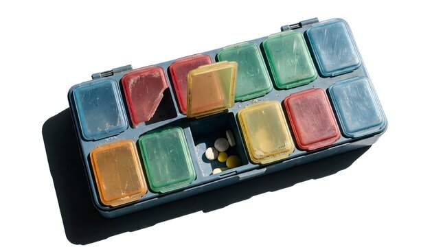Dirty weathered plastic pill organizer containing old medication isolated on white background for medical neglect and expired healthcare concepts