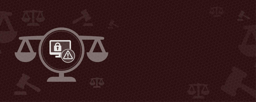 Digital concept illustration featuring a balance scale, a warning sign, and a locked computer monitor with copy space for law, cyber security, data privacy, and legal regulations.