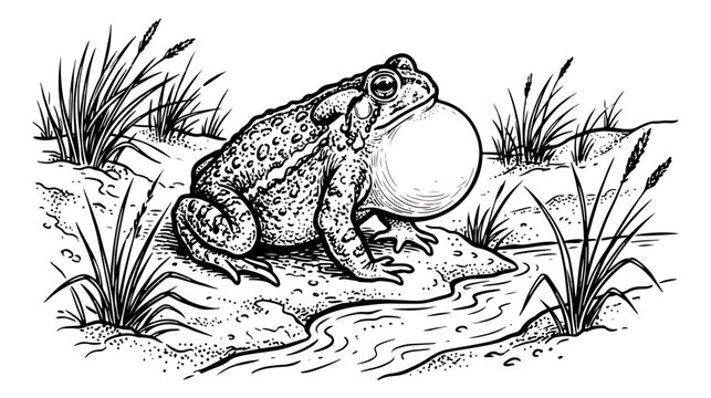 Vintage toad illustration with inflated vocal sac, hand drawn bullfrog in swamp pond, black and white engraved style amphibian vector