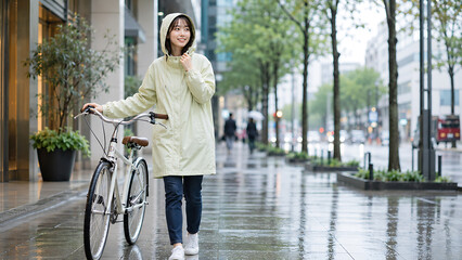 Fototapeta premium 雨の街路でレインコートを着て自転車を押す女性