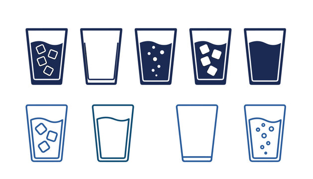 Water glass line and solid icon vector set. Collection featuring empty glasses, ice cubes, bubbles, fresh beverages, carbonated drinks and liquid volume level illustrations.