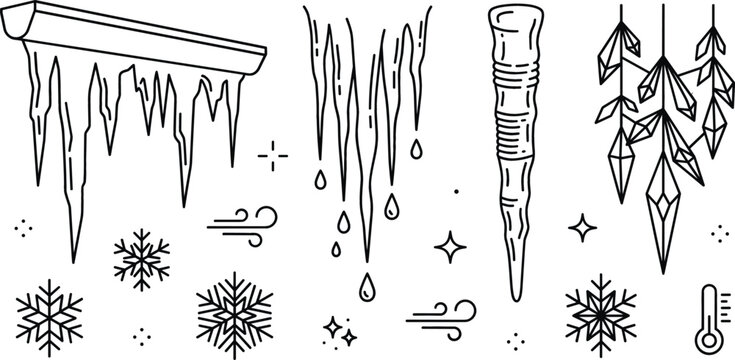 Winter icicles melting ice drops and cold weather snowflakes line vector icon set for seasonal frost holiday project designs