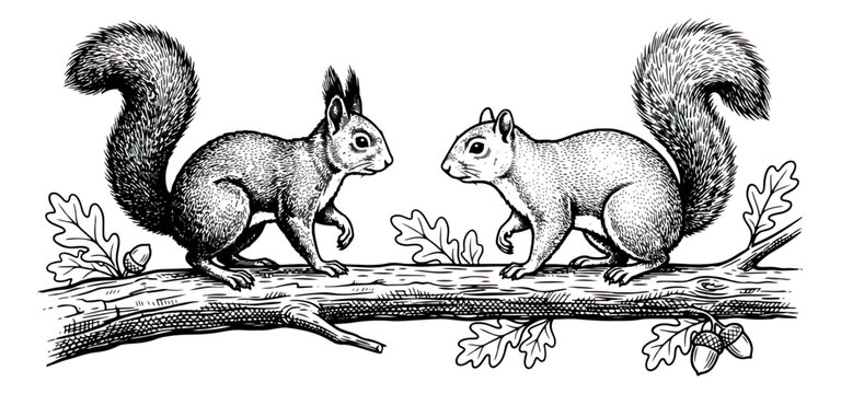 Vintage squirrel engraving, hand-drawn squirrels on oak branch with acorns, antique style wildlife illustration, black and white forest animal vector