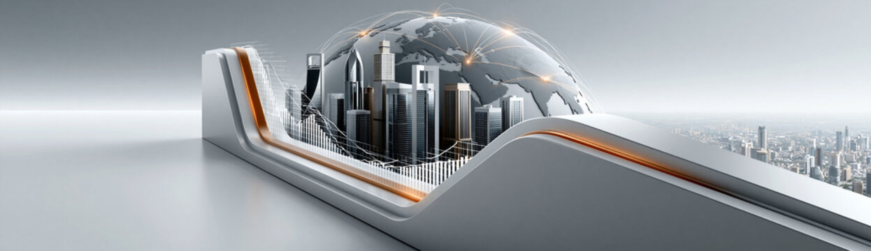 A panoramic view of major global cities connected by financial graphs and trade routes, emphasizing the potential growth and opportunities in international markets, Magazine Photography Style