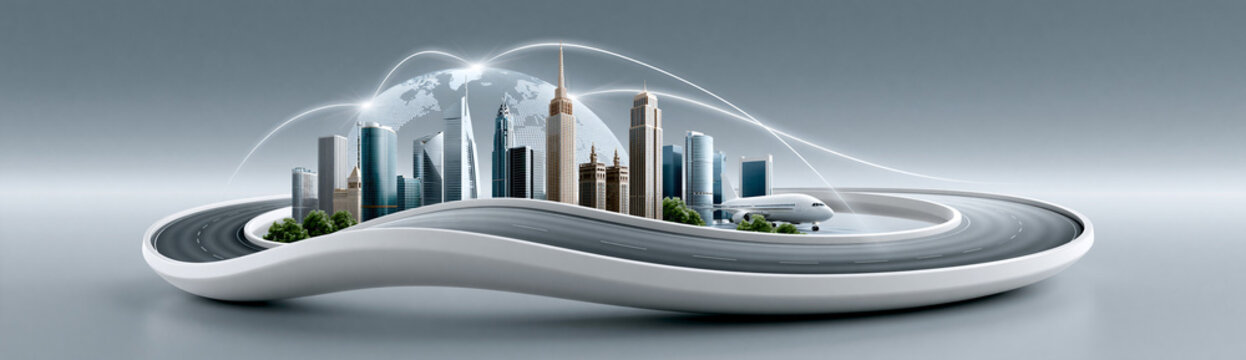 A panoramic view of major global cities connected by financial graphs and trade routes, emphasizing the potential growth and opportunities in international markets, Magazine Photography Style