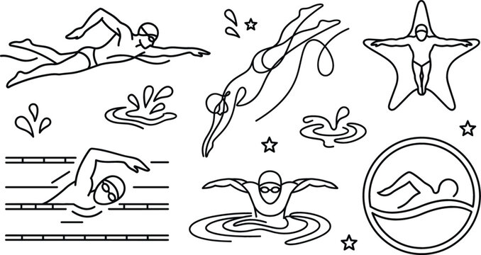 Swimming athletes and water sport pool activities outline vector icon collection set for summer training fitness design projects