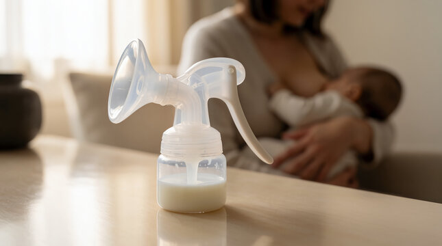 A manual breast pump filled with milk sits on a table with a blurred mother breastfeeding her baby in the background.
