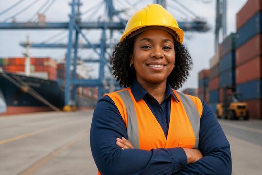 Young woman smiles confidently in a port. She wears a hard hat and safety vest. Her arms are crossed, standing firm. Large cranes loom behind her, full of cargo. Her expression conveys pride
