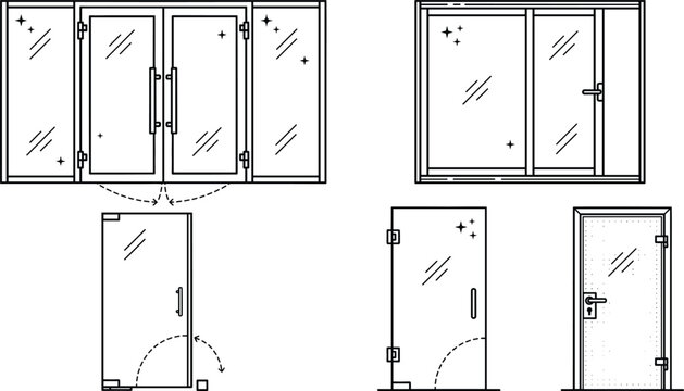 Modern glass doors and window frames architectural outline vector icon set for storefront entry building interior design projects