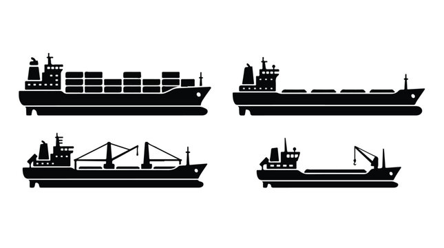 Silhouettes of various cargo ships and container vessels docked at port with cranes and loading equipment