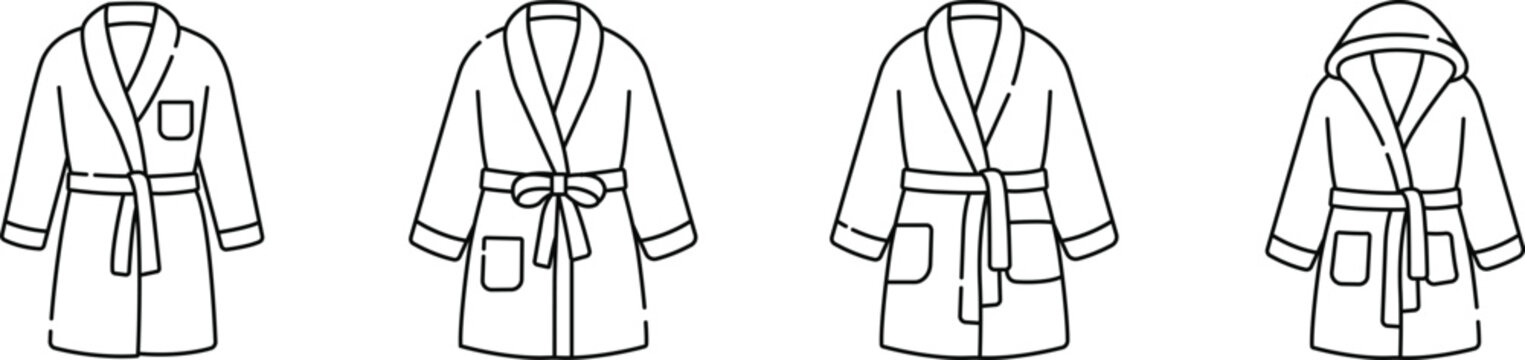 Bathrobe Icons Set Vector, Robe, Spa Wear, Hotel Bathrobe and Loungewear Line Art Collection