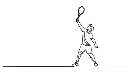 Continuous single line drawing of a man playing tennis holding a racket up to hit the ball in a professional sports match competition concept art © Sapna Rani
