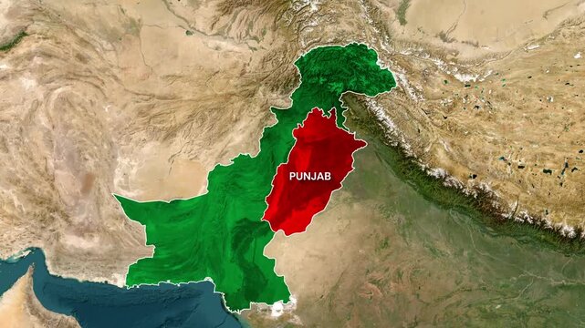 Pakistan map highlighting Punjab province in red motion graphics video