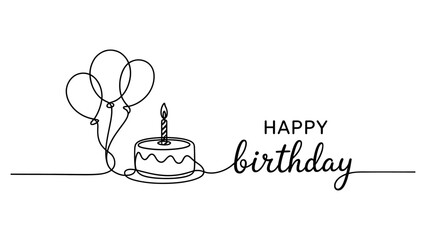 Happy birthday greeting card illustration with a cake and balloons drawn in a simple continuous single line art style on a clean minimal surface © Sapna Rani