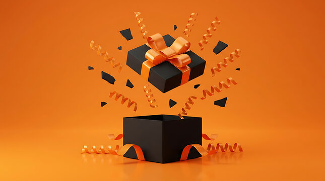 halloween black gift box with orange ribbon and falling confetti celebration background