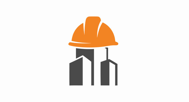 Construction logo icon with orange hard hat and grey building silhouettes.
