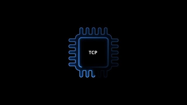 Glowing blue t c p chip microprocessor on black background with neon outline microchip