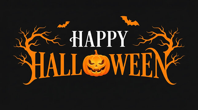 Halloween Happy Text With Orange Pumpkin And Spooky Silhouette Trees On Black Background