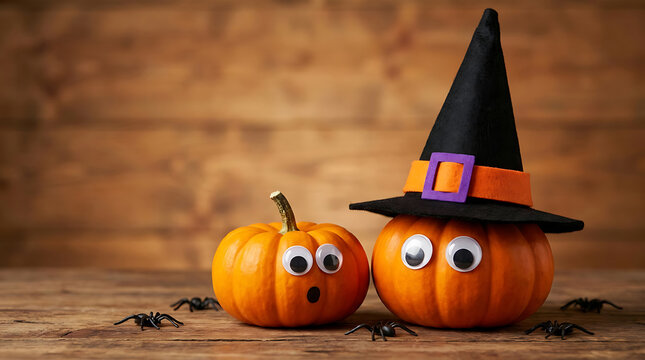 halloween spooky orange pumpkins with funny eyes and witch hat on wooden background