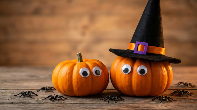halloween pumpkin characters with funny eyes and witch hat on wooden background