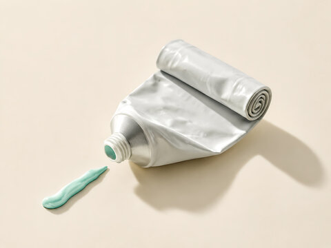 Almost empty rolled toothpaste tube with mint green gel on light surface toothpaste dentistry squeezed cosmetic consumer minimalist container packaging emptying depleted