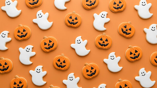 halloween pumpkin and ghost shaped sugar cookies on orange background for festive holiday celebration
