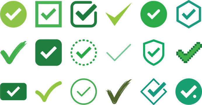 Set of green check mark icons and symbols isolated on transparent background