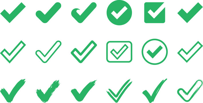 Set of green check mark icons and symbols isolated on transparent background