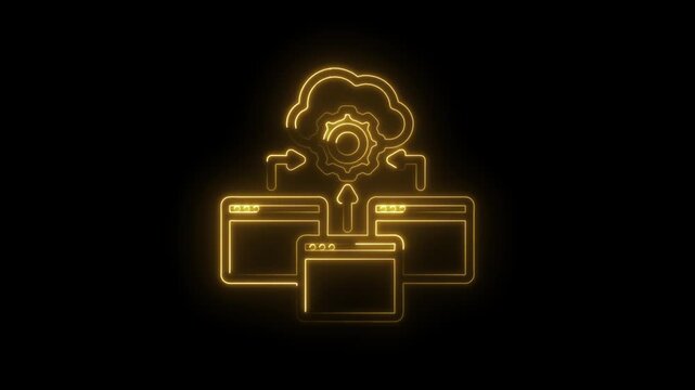 Glowing neon cloud data transfer icon animation with gears and browser windows on black