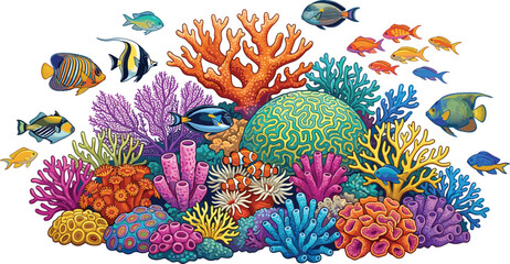 Vibrant underwater coral reef with colorful tropical fish illustrationVibrant underwater coral reef with colorful tropical fish illustration © EdGe Creative