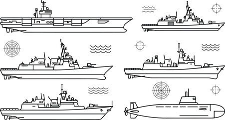 Navy warship and submarine line art vector icons set featuring aircraft carriers destroyers military battleships radar and crosshairs © MdShakib