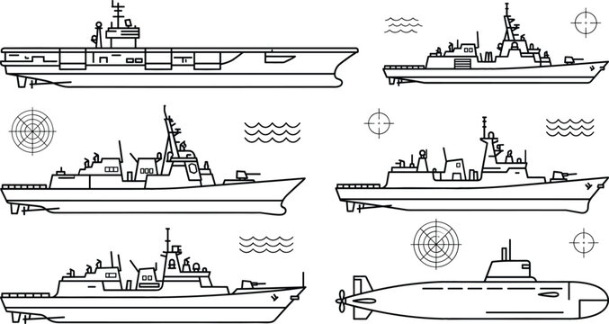 Navy warship and submarine line art vector icons set featuring aircraft carriers destroyers military battleships radar and crosshairs