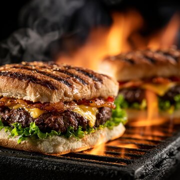 Gourmet beef burgers grilling on hot flames with melting cheese and crispy bacon toppings.
