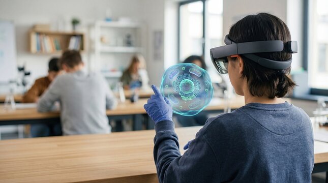 Student using VR headset in science classroom, virtual reality education technology, interactive learning experience, digital biology lesson, augmented reality interface