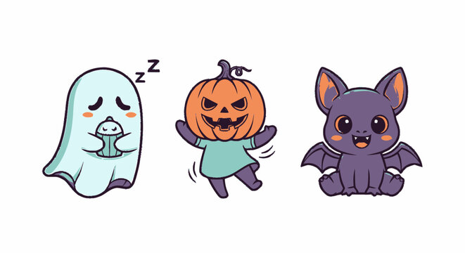 Cute Halloween cartoon characters set featuring sleeping ghost dancing pumpkin head and smiling bat illustration.